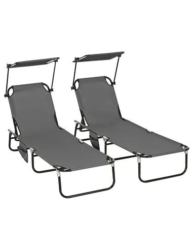 Outsunny Set of Two Folding Sun Loungers, with Adjustable Backs and Sun Canopies - Grey