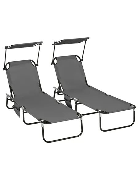 Outsunny Set of Two Folding Sun Loungers, with Adjustable Backs and Sun Canopies - Grey