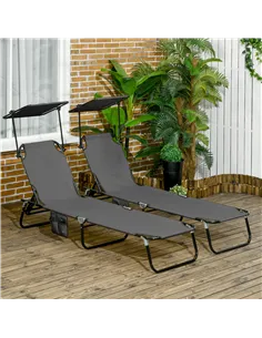 Outsunny Set of Two Folding Sun Loungers, with Adjustable Backs and Sun Canopies - Grey 2