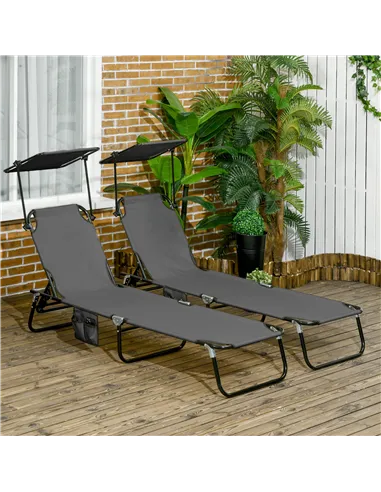 Outsunny Set of Two Folding Sun Loungers, with Adjustable Backs and Sun Canopies - Grey