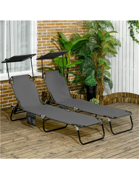 Outsunny Set of Two Folding Sun Loungers, with Adjustable Backs and Sun Canopies - Grey
