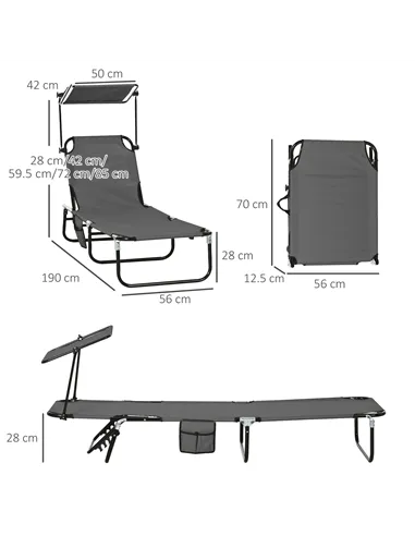 Outsunny Set of Two Folding Sun Loungers, with Adjustable Backs and Sun Canopies - Grey