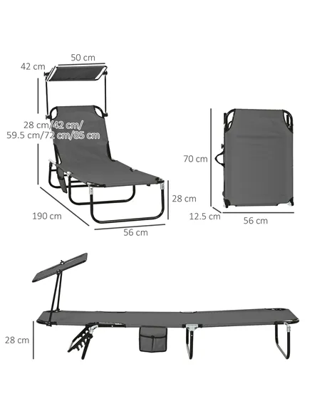 Outsunny Set of Two Folding Sun Loungers, with Adjustable Backs and Sun Canopies - Grey