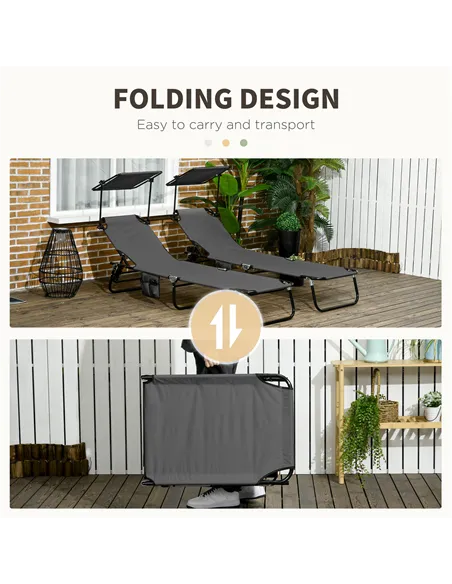Outsunny Set of Two Folding Sun Loungers, with Adjustable Backs and Sun Canopies - Grey