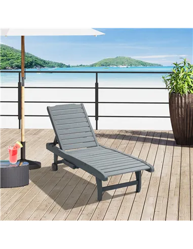 Outsunny Garden Patio Sun Lounger, Outdoor Wooden Sun Bed with Built-In Table, Reclining Backrest and Rolling Wheels for Sunbath