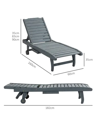 Outsunny Garden Patio Sun Lounger, Outdoor Wooden Sun Bed with Built-In Table, Reclining Backrest and Rolling Wheels for Sunbath