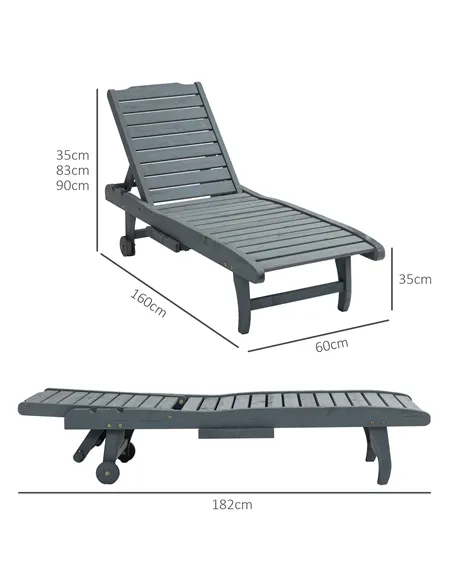 Outsunny Garden Patio Sun Lounger, Outdoor Wooden Sun Bed with Built-In Table, Reclining Backrest and Rolling Wheels for Sunbath