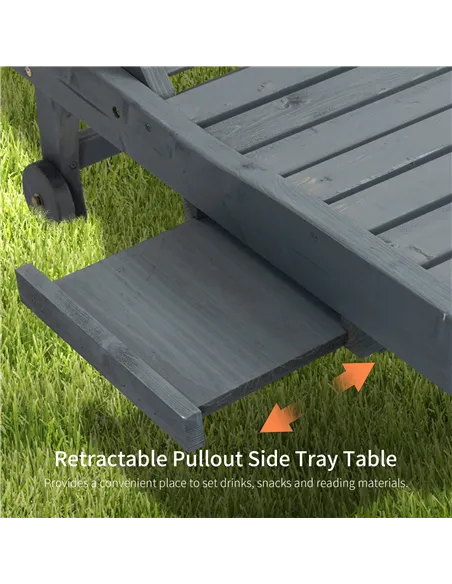 Outsunny Garden Patio Sun Lounger, Outdoor Wooden Sun Bed with Built-In Table, Reclining Backrest and Rolling Wheels for Sunbath