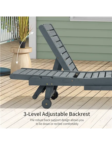 Outsunny Garden Patio Sun Lounger, Outdoor Wooden Sun Bed with Built-In Table, Reclining Backrest and Rolling Wheels for Sunbath