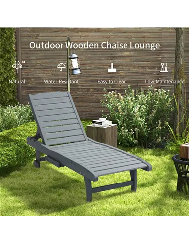 Outsunny Garden Patio Sun Lounger, Outdoor Wooden Sun Bed with Built-In Table, Reclining Backrest and Rolling Wheels for Sunbath