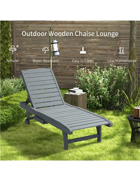 Outsunny Garden Patio Sun Lounger, Outdoor Wooden Sun Bed with Built-In Table, Reclining Backrest and Rolling Wheels for Sunbath