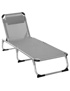Outsunny Foldable Reclining Sun Lounger Lounge Chair Camping Bed Cot w/ Pillow 4-Level Adjustable Back Aluminium Frame Grey