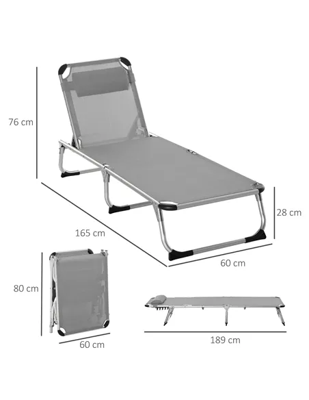 Outsunny Foldable Reclining Sun Lounger Lounge Chair Camping Bed Cot w/ Pillow 4-Level Adjustable Back Aluminium Frame Grey