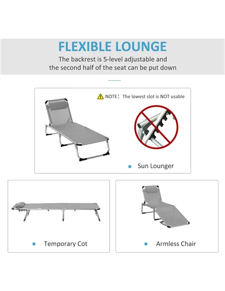 Outsunny Foldable Reclining Sun Lounger Lounge Chair Camping Bed Cot w/ Pillow 4-Level Adjustable Back Aluminium Frame Grey