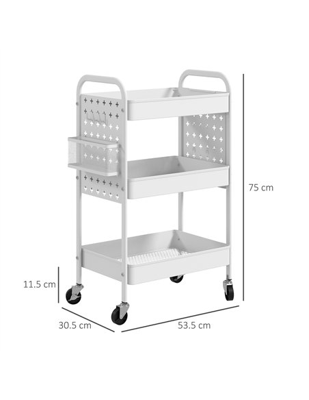 HOMCOM 3-tier Storage Trolley on Wheels, Rolling Utility Serving Cart with 3 Mesh Baskets, 2 Hanging Boxes and 6 Hooks for Livin