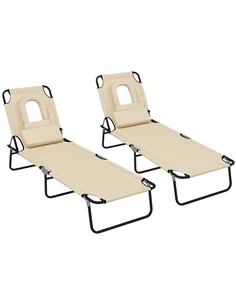 Outsunny Outdoor Folding Sun Lounger Set of 2 with Face Hole, 4 Level Adjustable Backrest Reclining Garden Lounger, Garden Recli