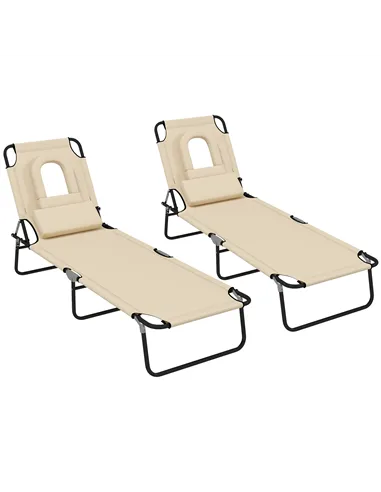 Outsunny Outdoor Folding Sun Lounger Set of 2 with Face Hole, 4 Level Adjustable Backrest Reclining Garden Lounger, Garden Recli