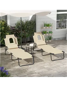 Outsunny Outdoor Folding Sun Lounger Set of 2 with Face Hole, 4 Level Adjustable Backrest Reclining Garden Lounger, Garden Recli 2