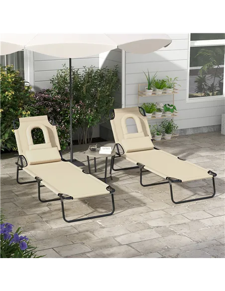 Outsunny Outdoor Folding Sun Lounger Set of 2 with Face Hole, 4 Level Adjustable Backrest Reclining Garden Lounger, Garden Recli