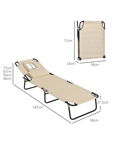 Outsunny Outdoor Folding Sun Lounger Set of 2 with Face Hole, 4 Level Adjustable Backrest Reclining Garden Lounger, Garden Recli