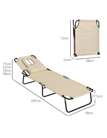 Outsunny Outdoor Folding Sun Lounger Set of 2 with Face Hole, 4 Level Adjustable Backrest Reclining Garden Lounger, Garden Recli