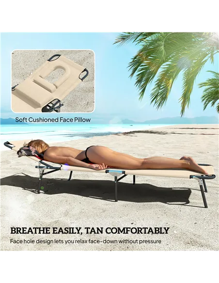 Outsunny Outdoor Folding Sun Lounger Set of 2 with Face Hole, 4 Level Adjustable Backrest Reclining Garden Lounger, Garden Recli