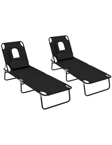 Outsunny Outdoor Folding Sun Lounger Set of 2 with Face Hole, 4 Level Adjustable Backrest Reclining Garden Lounger, Garden Recli