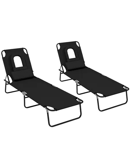 Outsunny Outdoor Folding Sun Lounger Set of 2 with Face Hole, 4 Level Adjustable Backrest Reclining Garden Lounger, Garden Recli