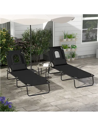 Outsunny Outdoor Folding Sun Lounger Set of 2 with Face Hole, 4 Level Adjustable Backrest Reclining Garden Lounger, Garden Recli