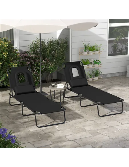 Outsunny Outdoor Folding Sun Lounger Set of 2 with Face Hole, 4 Level Adjustable Backrest Reclining Garden Lounger, Garden Recli