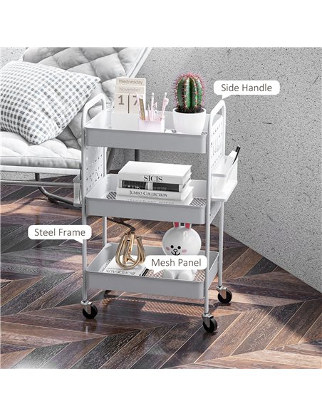 HOMCOM 3-tier Storage Trolley on Wheels, Rolling Utility Serving Cart with 3 Mesh Baskets, 2 Hanging Boxes and 6 Hooks for Livin