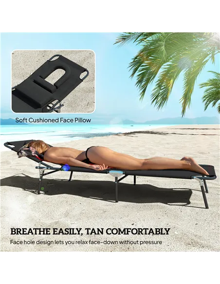 Outsunny Outdoor Folding Sun Lounger Set of 2 with Face Hole, 4 Level Adjustable Backrest Reclining Garden Lounger, Garden Recli