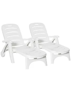 Outsunny 2PCs Outdoor Folding Sun Lounger Recliner on Wheels w/ 5-Position Backrest, White