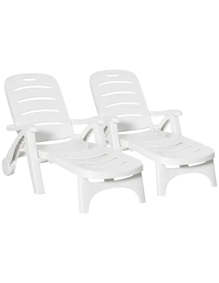 Outsunny 2PCs Outdoor Folding Sun Lounger Recliner on Wheels w/ 5-Position Backrest, White
