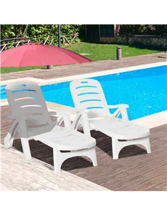 Outsunny 2PCs Outdoor Folding Sun Lounger Recliner on Wheels w/ 5-Position Backrest, White 2