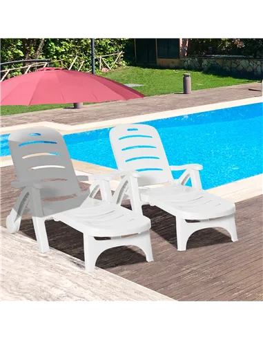Outsunny 2PCs Outdoor Folding Sun Lounger Recliner on Wheels w/ 5-Position Backrest, White