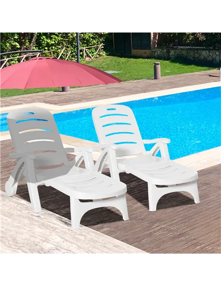 Outsunny 2PCs Outdoor Folding Sun Lounger Recliner on Wheels w/ 5-Position Backrest, White