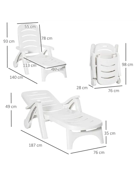 Outsunny 2PCs Outdoor Folding Sun Lounger Recliner on Wheels w/ 5-Position Backrest, White