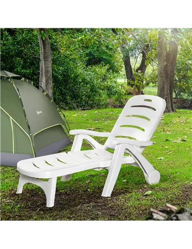 Outsunny 2PCs Outdoor Folding Sun Lounger Recliner on Wheels w/ 5-Position Backrest, White
