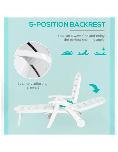 Outsunny 2PCs Outdoor Folding Sun Lounger Recliner on Wheels w/ 5-Position Backrest, White