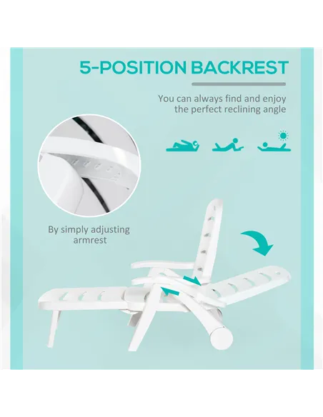 Outsunny 2PCs Outdoor Folding Sun Lounger Recliner on Wheels w/ 5-Position Backrest, White