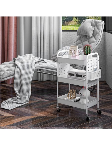 HOMCOM 3-tier Storage Trolley on Wheels, Rolling Utility Serving Cart with 3 Mesh Baskets, 2 Hanging Boxes and 6 Hooks for Livin