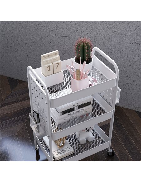 HOMCOM 3-tier Storage Trolley on Wheels, Rolling Utility Serving Cart with 3 Mesh Baskets, 2 Hanging Boxes and 6 Hooks for Livin