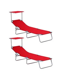 Outsunny 2 Piece Folding Sun Lounger, Lounge Chairs Reclining Sleeping Bed with Adjustable Sun Shade Awning for Beach, Patio