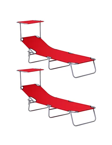 Outsunny 2 Piece Folding Sun Lounger, Lounge Chairs Reclining Sleeping Bed with Adjustable Sun Shade Awning for Beach, Patio