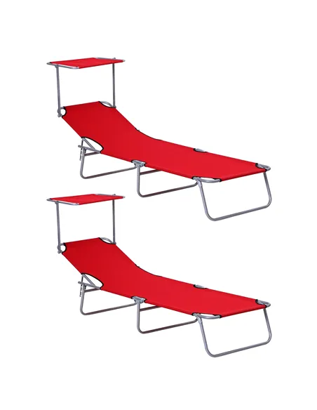 Outsunny 2 Piece Folding Sun Lounger, Lounge Chairs Reclining Sleeping Bed with Adjustable Sun Shade Awning for Beach, Patio