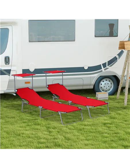 Outsunny 2 Piece Folding Sun Lounger, Lounge Chairs Reclining Sleeping Bed with Adjustable Sun Shade Awning for Beach, Patio