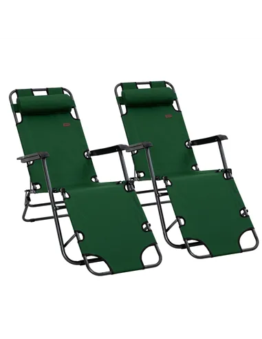 Outsunny 2 Pack 2 in 1 Sun Lounger Folding Reclining Chairs Garden Outdoor Camping Adjustable Back with Pillow, Green