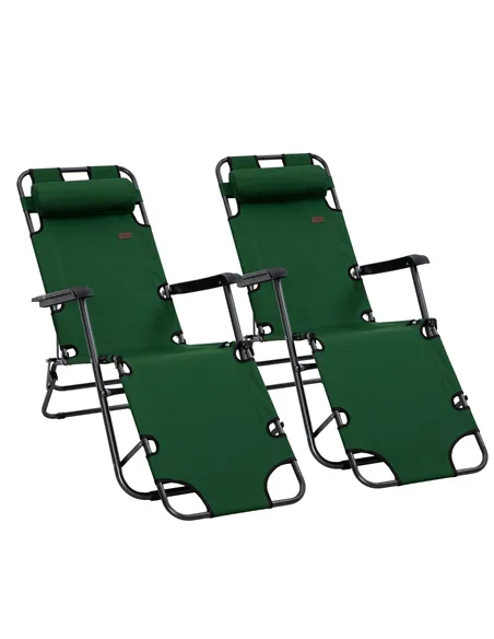 Outsunny 2 Pack 2 in 1 Sun Lounger Folding Reclining Chairs Garden Outdoor Camping Adjustable Back with Pillow, Green