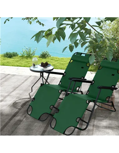Outsunny 2 Pack 2 in 1 Sun Lounger Folding Reclining Chairs Garden Outdoor Camping Adjustable Back with Pillow, Green